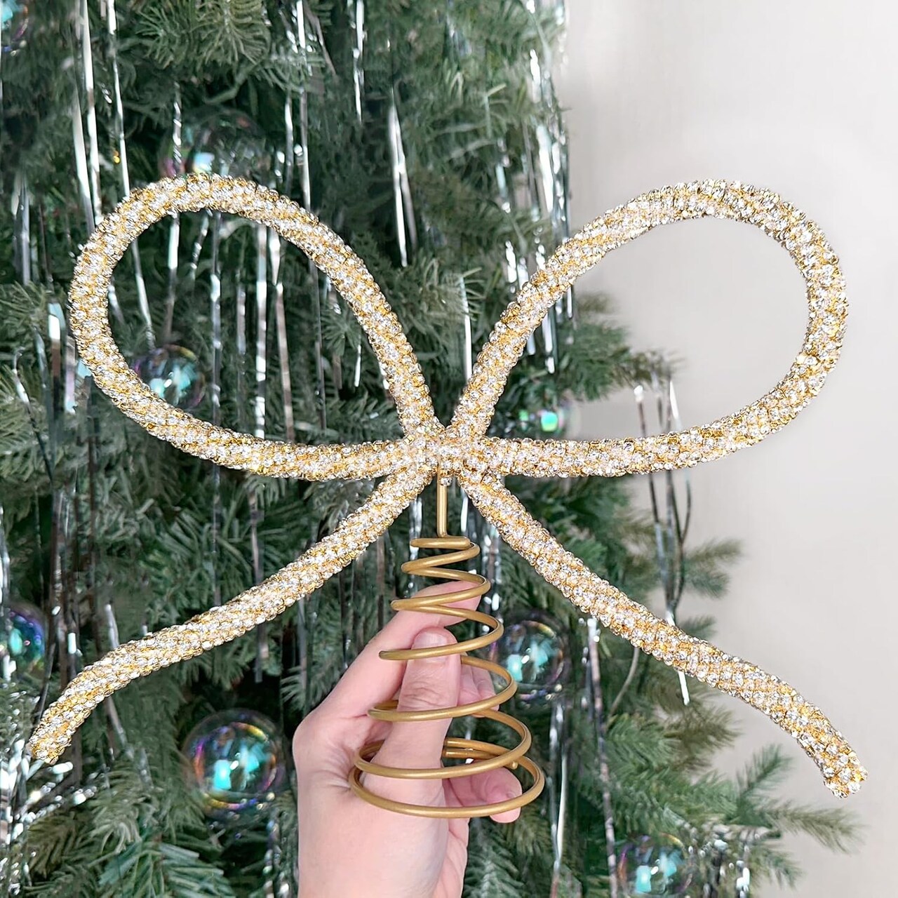 Christmas Decor - Gold Glass Rhinestone Bow Tree Topper(Gold)